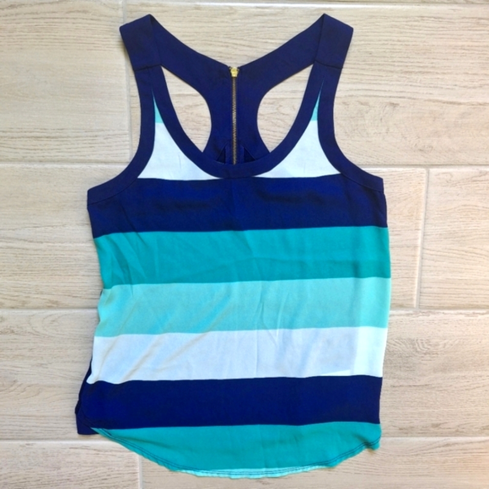 Express blue white and aqua striped racerback tank top, back zipper size XS